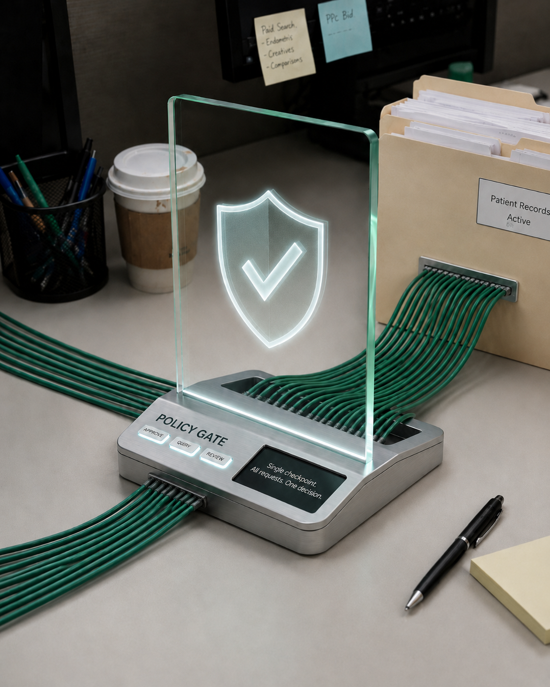 A glowing policy gate routing requests toward active patient records after C_Verified policy enforcement.