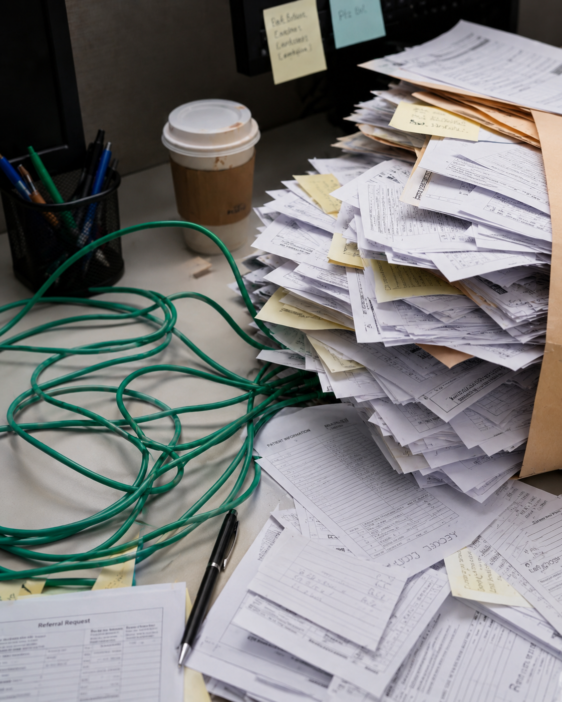 Tangled green cables and overflowing patient paperwork representing unmanaged AI writeback requests.