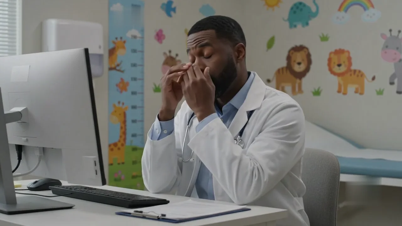 A clinician at his desk turns toward two children entering the room
