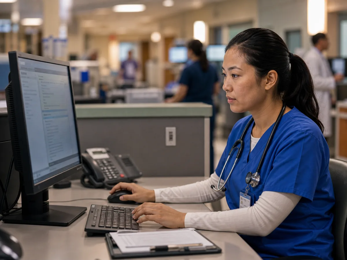 A clinician reviewing patient chart information at a hospital workstation.
