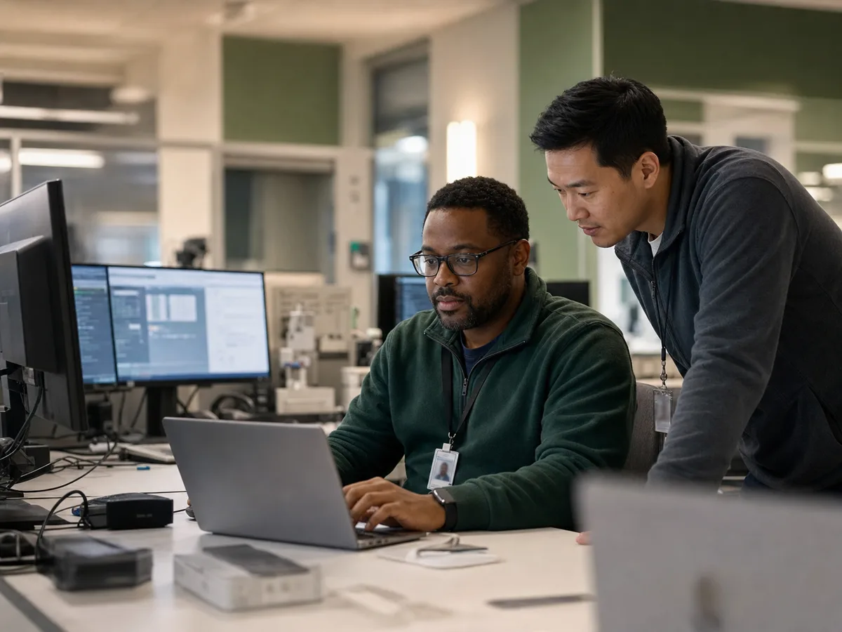 Healthcare IT staff checking systems at a technical workstation.