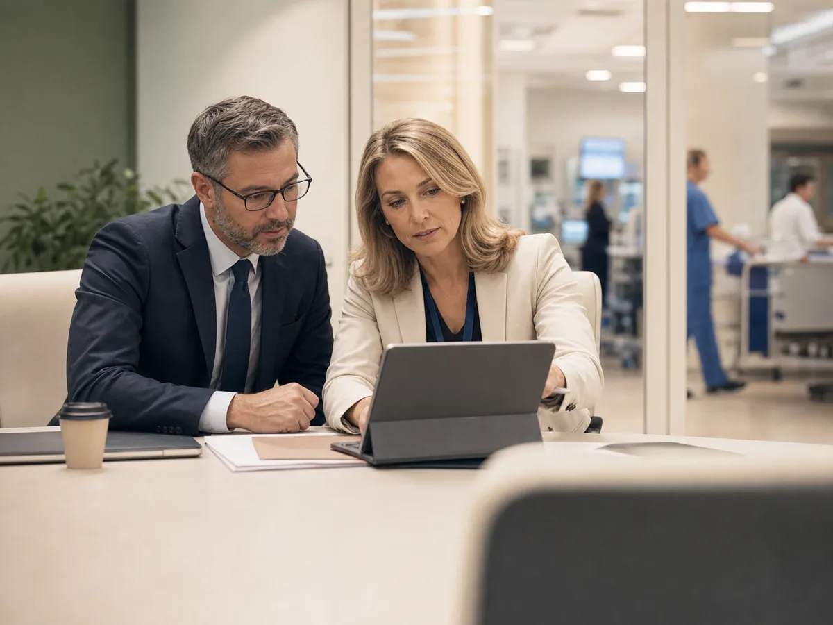 Healthcare leaders reviewing AI chart-change controls on a tablet.