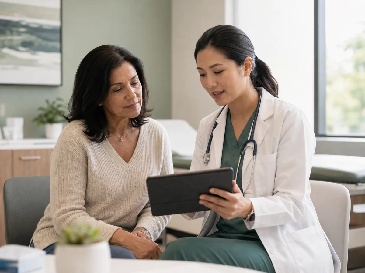 A patient and clinician reviewing care information together on a tablet.
