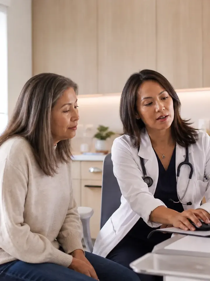 A clinician reviewing information at a screen with a patient beside her